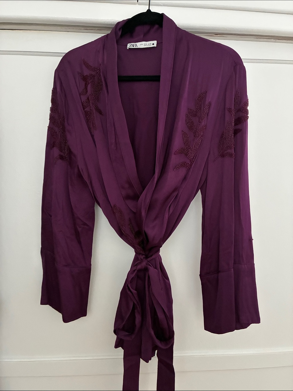 Zara Plum Beaded Satin Tie-Front Robe